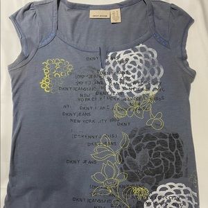 DKNY Jeans shirt, top, blue with design, cotton, size M